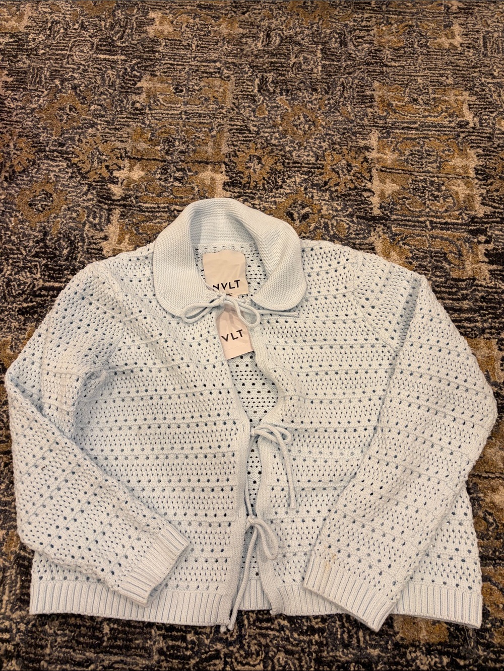 NVLT Light Blue Crochet Tie-Front Cardigan